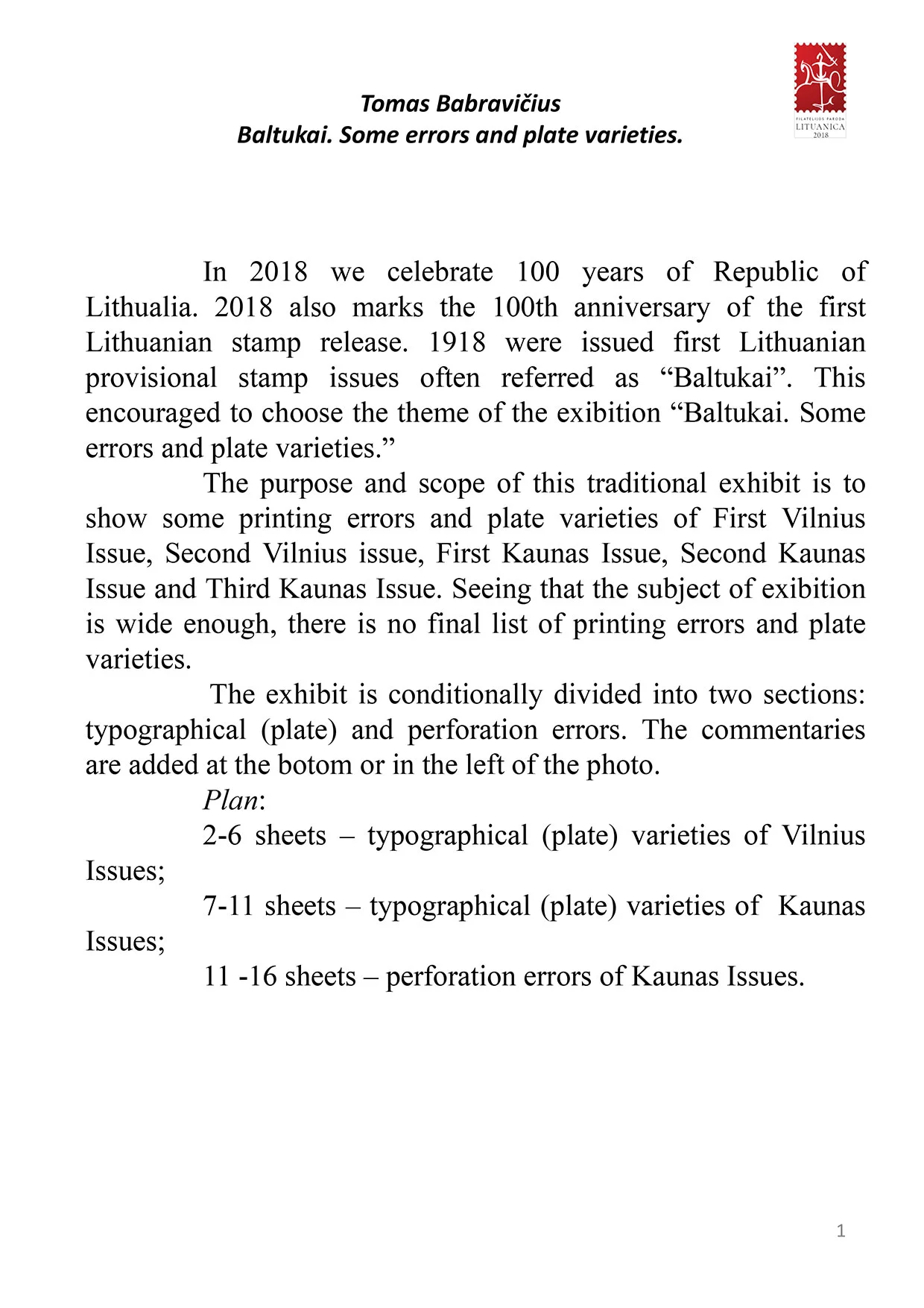 Baltukai. Some Errors and Plate Varieties, sheet 101