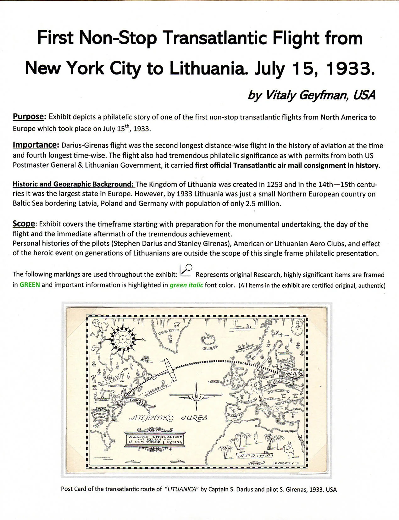 First Transatlantic Flight from USA to Lithuania, sheet 101