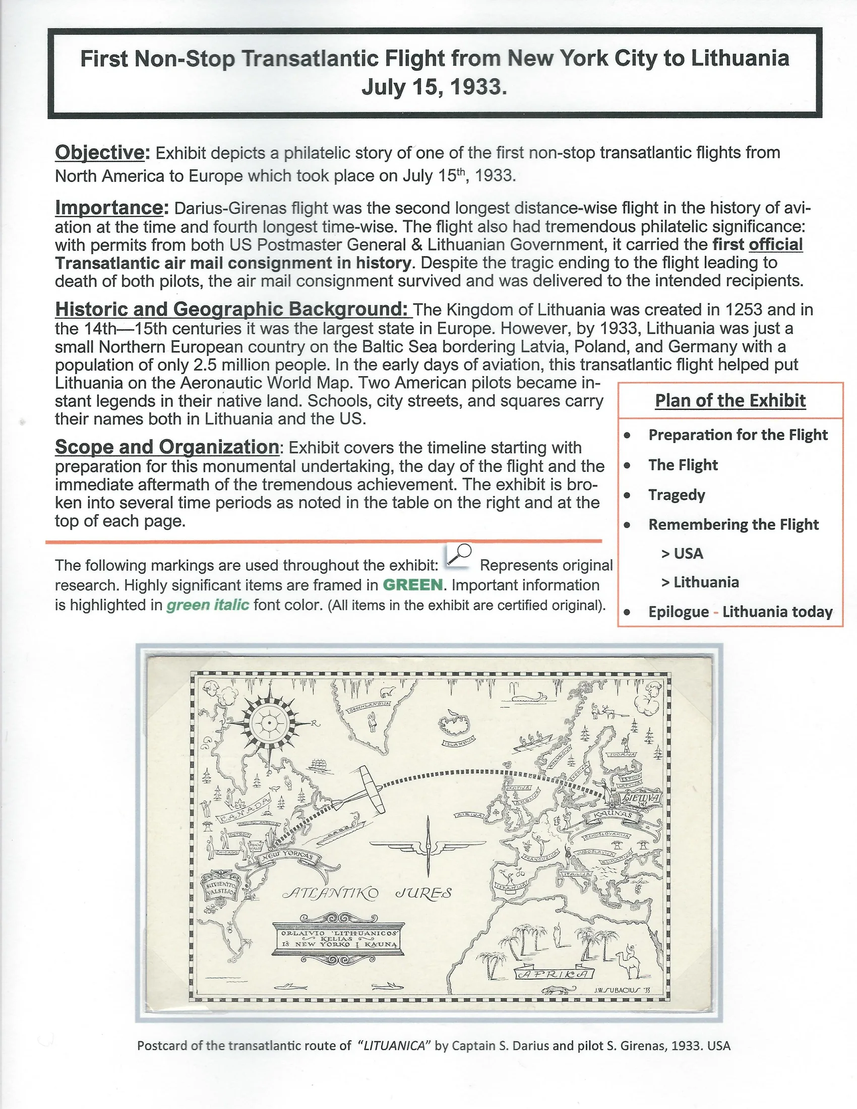 First Non-Stop Transatlantic Flight from New York City to Lithuania, July 15, 1933, sheet 001