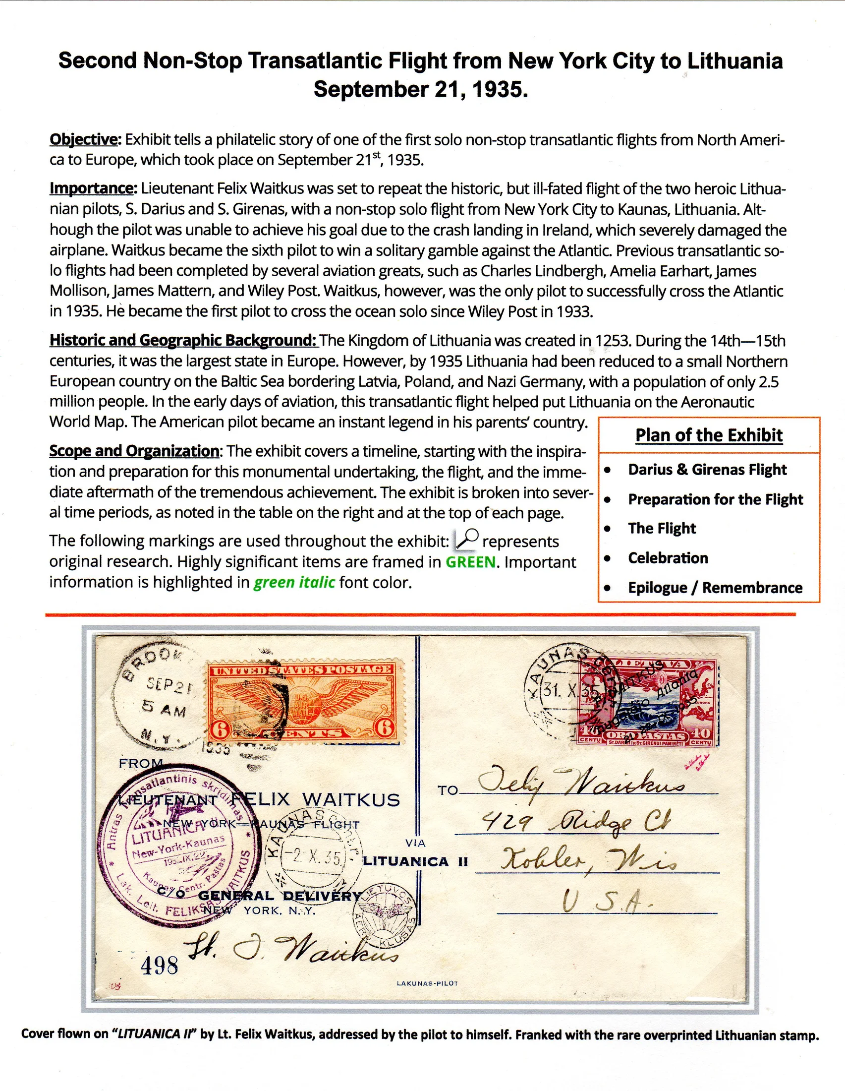 Second Non-Stop Transatlantic Flight from New York City to Lithuania, September 21, 1935, sheet 001