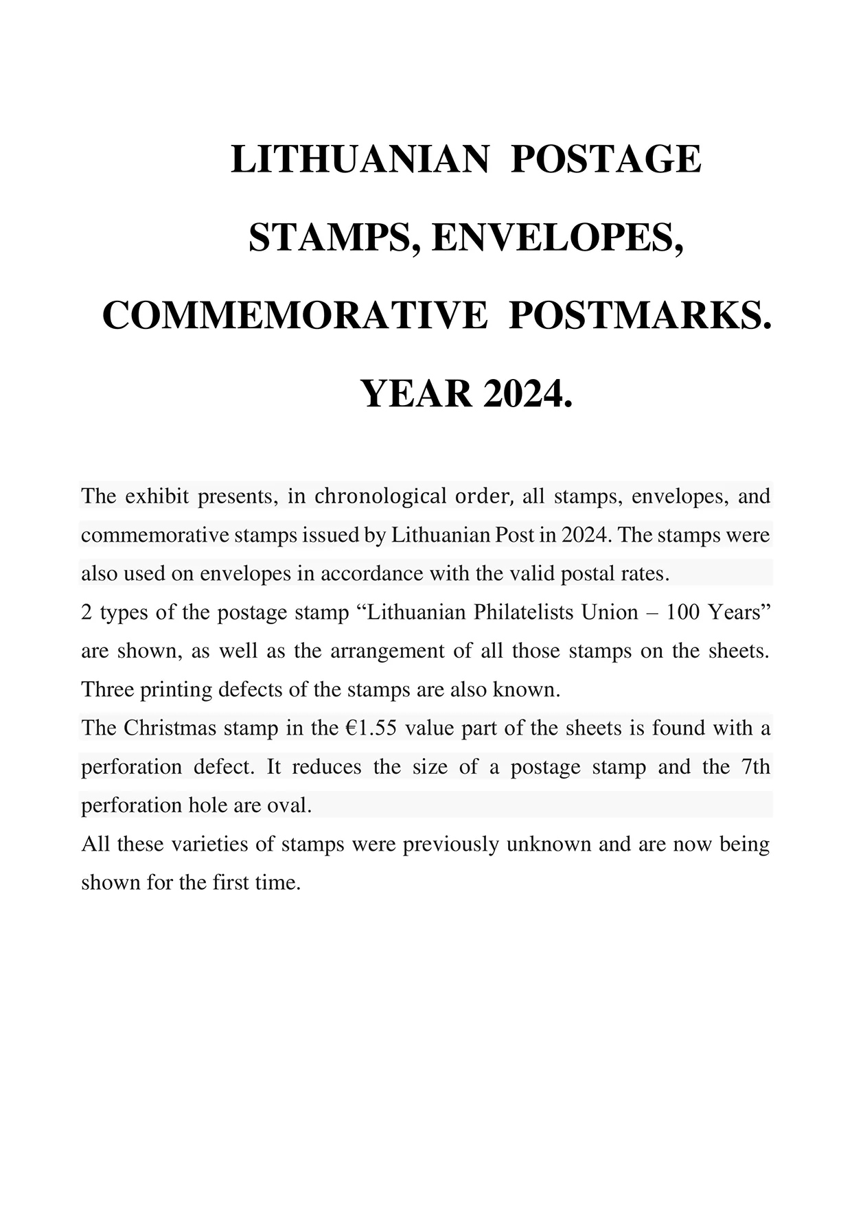 First Lithuanian postage stamps, envelopes, and commemorative postmarks. Year 2024., sheet 101