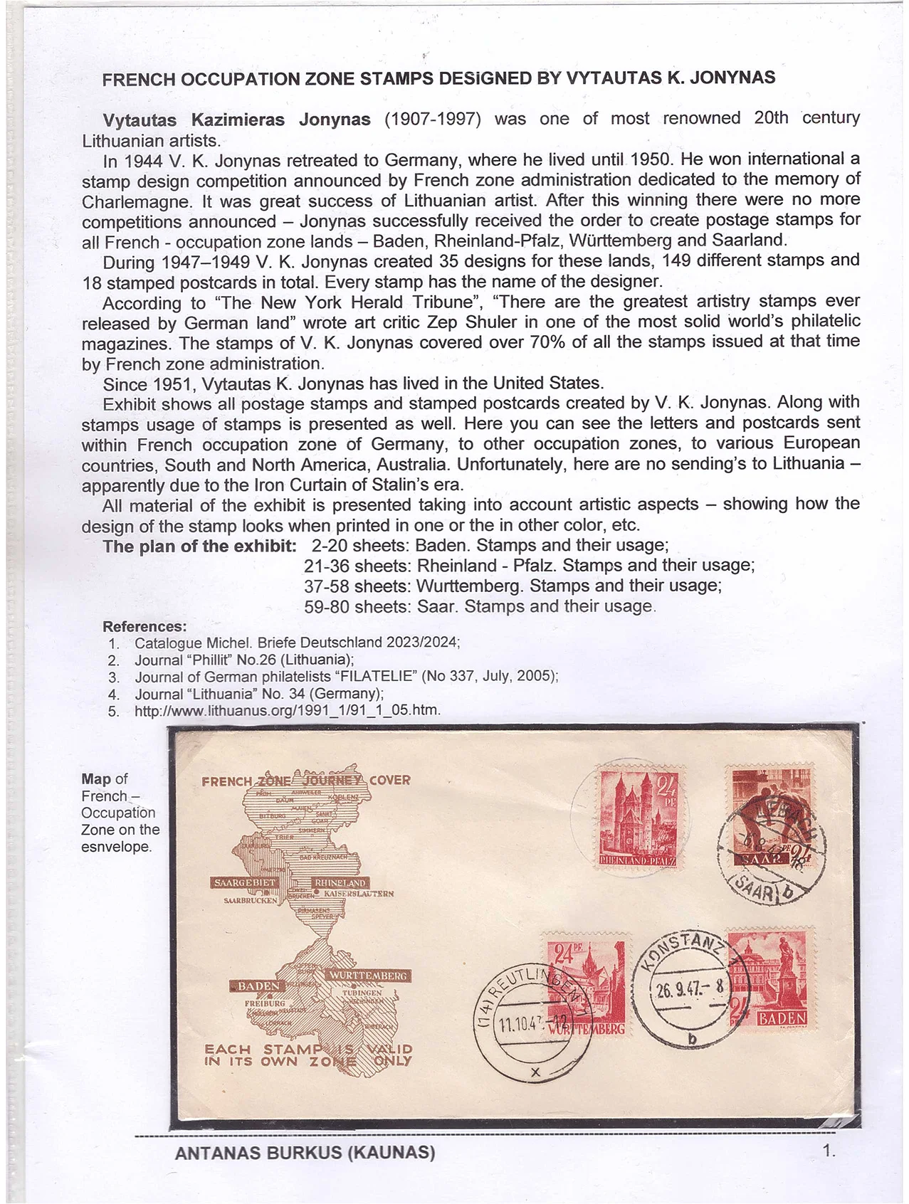 French Occupation Zone Stamps Designed by V.K. Jonynas, sheet 101